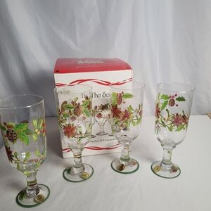Block Crystal Xmas Hand Painted Tis The Season Holly Poinsettia Beverage Goblets